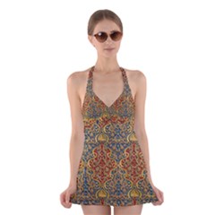 Wall Texture Pattern Carved Wood Halter Dress Swimsuit  by Simbadda