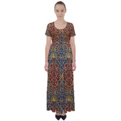 Wall Texture Pattern Carved Wood High Waist Short Sleeve Maxi Dress