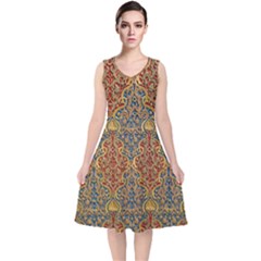 Wall Texture Pattern Carved Wood V-neck Midi Sleeveless Dress 