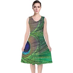 Peacock Feather Macro Peacock Bird V-neck Midi Sleeveless Dress  by Simbadda