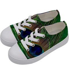 Peacock Feather Macro Peacock Bird Kids  Low Top Canvas Sneakers by Simbadda