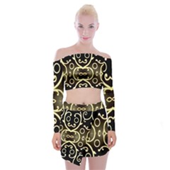 Black Embossed Swirls In Gold By Flipstylez Designs Off Shoulder Top With Mini Skirt Set by flipstylezfashionsLLC