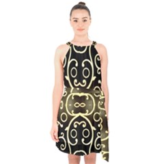 Black Embossed Swirls In Gold By Flipstylez Designs Halter Collar Waist Tie Chiffon Dress by flipstylezfashionsLLC