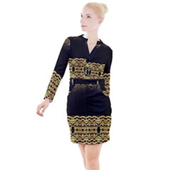 Black Vintage Background With Golden Swirls By Flipstylez Designs  Button Long Sleeve Dress