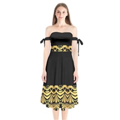 Black Vintage Background With Golden Swirls By Flipstylez Designs  Shoulder Tie Bardot Midi Dress by flipstylezfashionsLLC