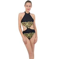 Black Vintage Background With Golden Swirls By Flipstylez Designs  Halter Side Cut Swimsuit