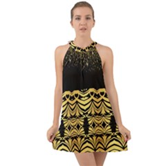 Black Vintage Background With Golden Swirls By Flipstylez Designs Halter Tie Back Chiffon Dress by flipstylezfashionsLLC