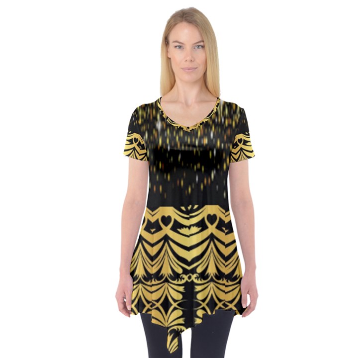 Black Vintage Background With Golden swirls By FlipStylez Designs  Short Sleeve Tunic 