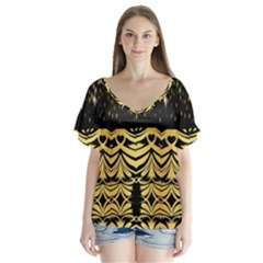 Black Vintage Background With Golden Swirls By Flipstylez Designs  V-neck Flutter Sleeve Top by flipstylezfashionsLLC