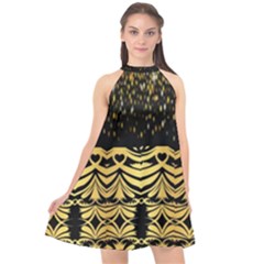 Black Vintage Background With Golden Swirls By Flipstylez Designs  Halter Neckline Chiffon Dress  by flipstylezfashionsLLC