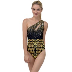 Black Vintage Background With Golden Swirls By Flipstylez Designs  To One Side Swimsuit