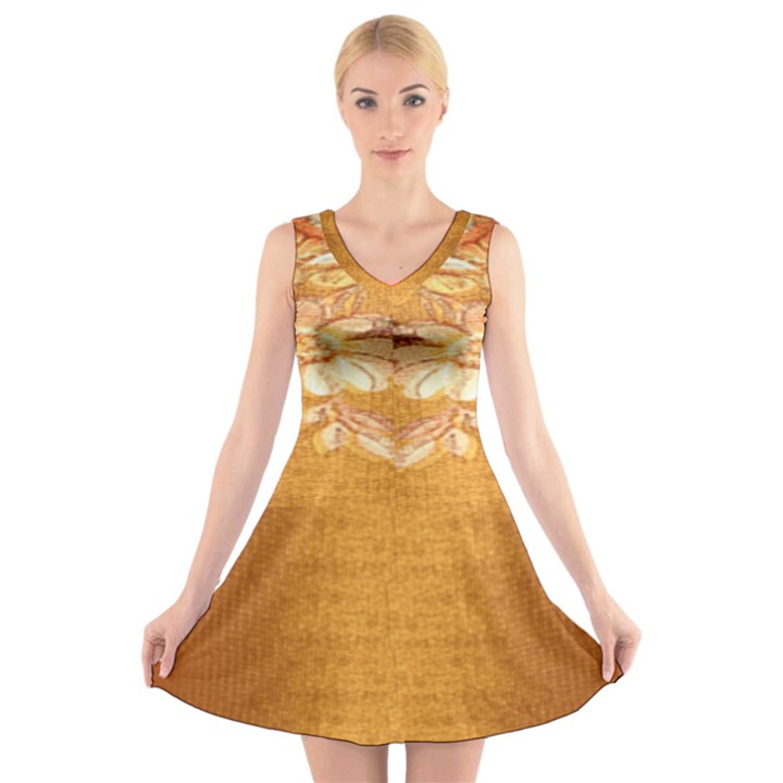 Golden sunrise pattern flowers By FlipStylez Designs V-Neck Sleeveless Dress