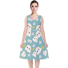 Cute Kawaii Popcorn Pattern V-neck Midi Sleeveless Dress 