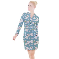 Cute Kawaii Popcorn Pattern Button Long Sleeve Dress