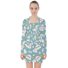 Cute Kawaii Popcorn Pattern V-neck Bodycon Long Sleeve Dress by Valentinaart