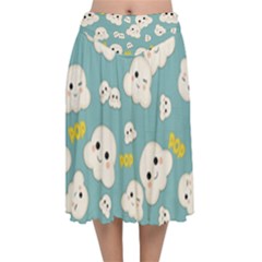 Cute Kawaii Popcorn Pattern Velvet Flared Midi Skirt