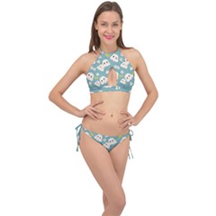 Cute Kawaii Popcorn Pattern Cross Front Halter Bikini Set