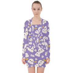 Cute Kawaii Popcorn Pattern V-neck Bodycon Long Sleeve Dress by Valentinaart