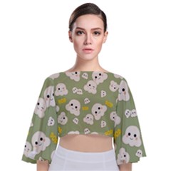 Cute Kawaii Popcorn Pattern Tie Back Butterfly Sleeve Chiffon Top