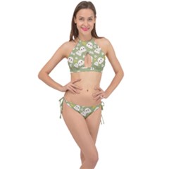 Cute Kawaii Popcorn Pattern Cross Front Halter Bikini Set