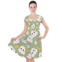 Cute Kawaii Popcorn Pattern Cap Sleeve Midi Dress