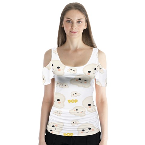 Cute Kawaii Popcorn Pattern Butterfly Sleeve Cutout Tee  by Valentinaart