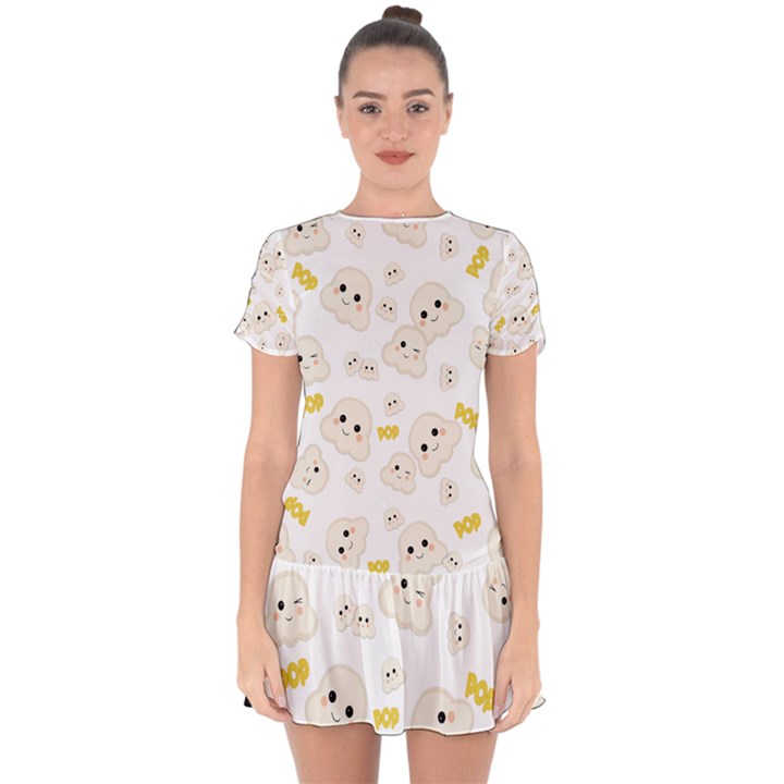 Cute Kawaii Popcorn pattern Drop Hem Mini Chiffon Dress