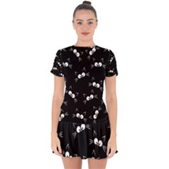 Cute Black Cat Pattern Drop Hem Mini Chiffon Dress