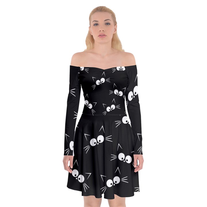 Cute Black Cat Pattern Off Shoulder Skater Dress