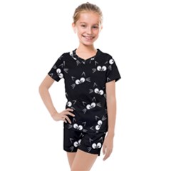 Cute Black Cat Pattern Kids  Mesh Tee And Shorts Set