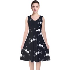 Cute Black Cat Pattern V-neck Midi Sleeveless Dress 