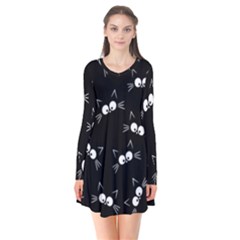 Cute Black Cat Pattern Long Sleeve V-neck Flare Dress