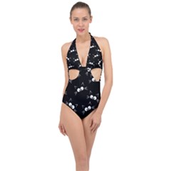 Cute Black Cat Pattern Halter Front Plunge Swimsuit by Valentinaart