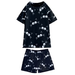 Cute Black Cat Pattern Kids  Swim Tee And Shorts Set