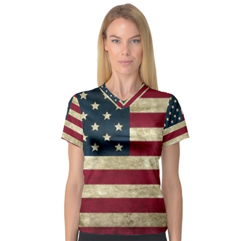 Vintage American Flag V-neck Sport Mesh Tee by Valentinaart