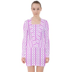 Circles Lines Light Pink White Pattern V-neck Bodycon Long Sleeve Dress by BrightVibesDesign