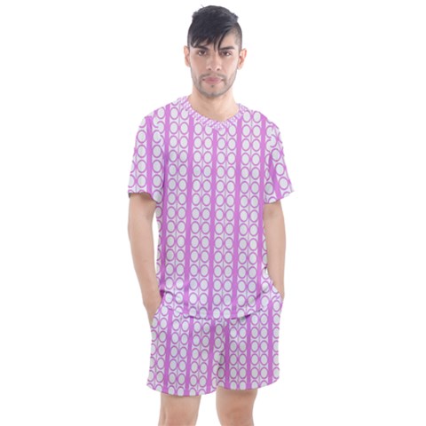 Circles Lines Light Pink White Pattern Men s Mesh Tee And Shorts Set by BrightVibesDesign