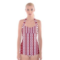 Circles Lines Red White Pattern Boyleg Halter Swimsuit  by BrightVibesDesign