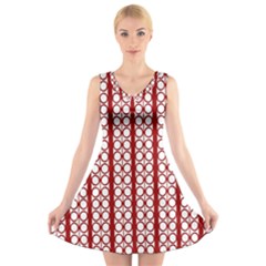 Circles Lines Red White Pattern V-neck Sleeveless Dress by BrightVibesDesign