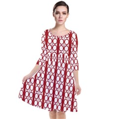 Circles Lines Red White Pattern Quarter Sleeve Waist Band Dress