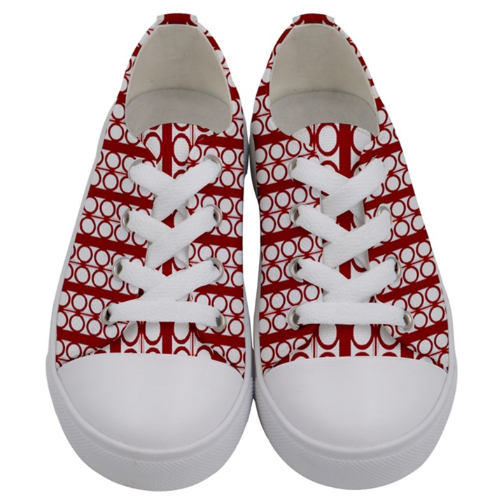 Circles Lines Red White Pattern Kids  Low Top Canvas Sneakers