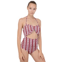 Circles Lines Red White Pattern Scallop Top Cut Out Swimsuit by BrightVibesDesign