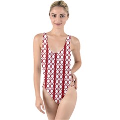 Circles Lines Red White Pattern High Leg Strappy Swimsuit