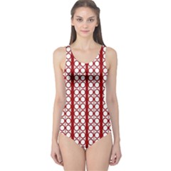 Circles Lines Red White Pattern One Piece Swimsuit by BrightVibesDesign