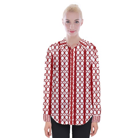 Circles Lines Red White Pattern Womens Long Sleeve Shirt by BrightVibesDesign