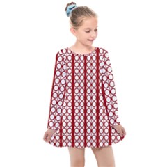 Circles Lines Red White Pattern Kids  Long Sleeve Dress