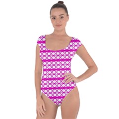 Circles Lines Bright Pink Modern Pattern Short Sleeve Leotard  by BrightVibesDesign