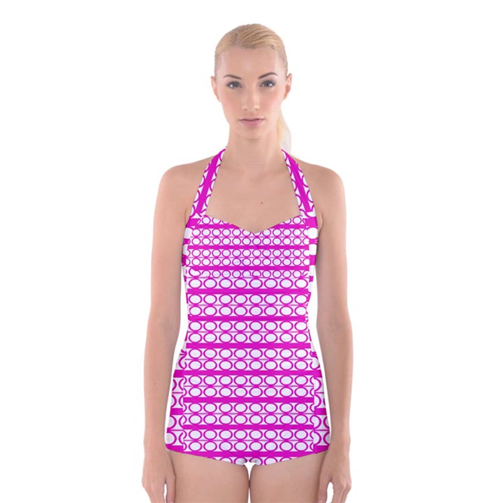 Circles Lines Bright Pink Modern Pattern Boyleg Halter Swimsuit 