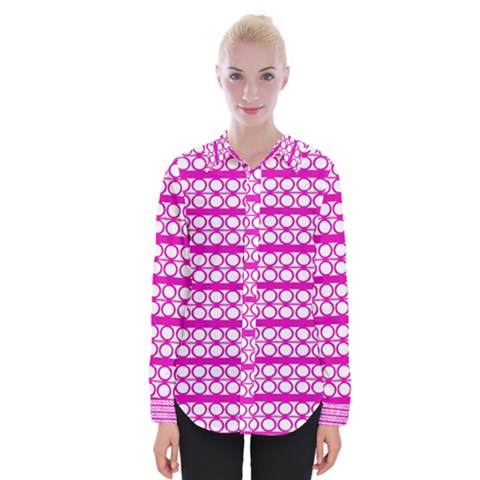 Circles Lines Bright Pink Modern Pattern Womens Long Sleeve Shirt by BrightVibesDesign