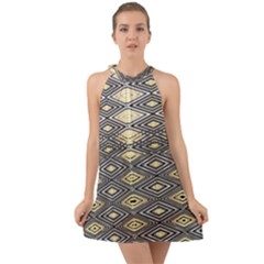 Gold Triangles And Black Pattern By Flipstylez Designs Halter Tie Back Chiffon Dress